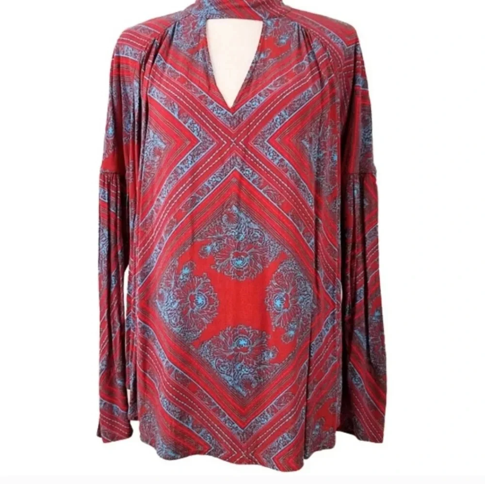 FREE PEOPLE Red & Blue Women's Walking On A Dream Floral Tunic Blouse Women's XS